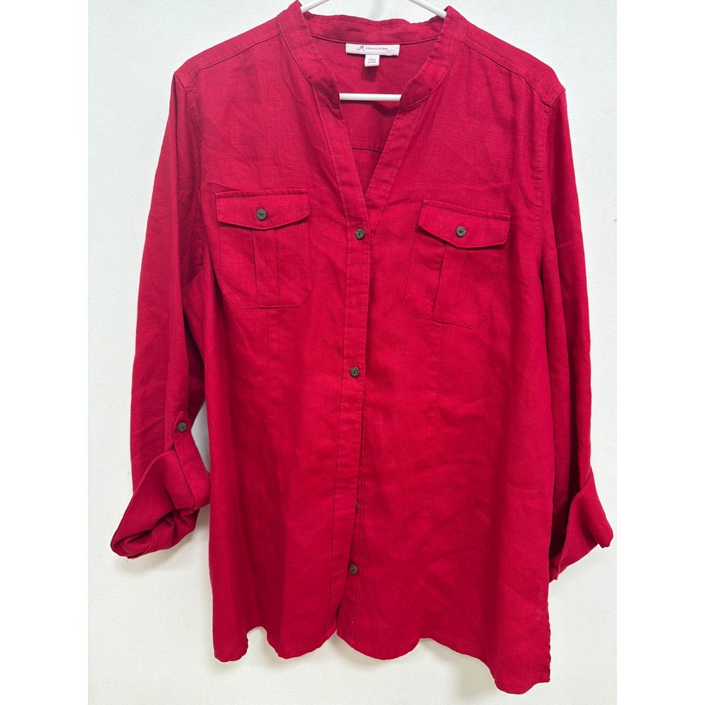 JM Collection Red 100% Linen Button Down Tunic Roll Tab Sleeve Shirt Size 16
